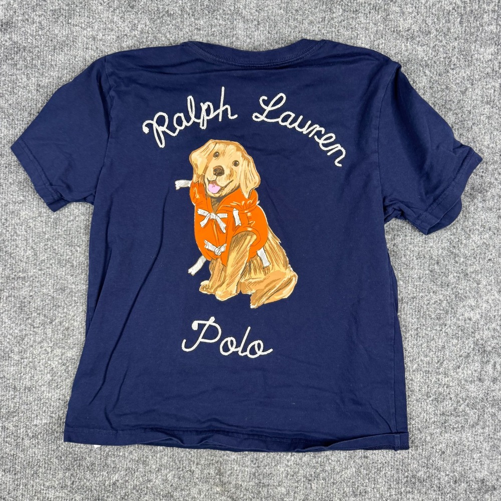 Polo Ralph Lauren T-Shirt Boys Size M Navy Blue Golden Retriever Dog Pocket Tee
